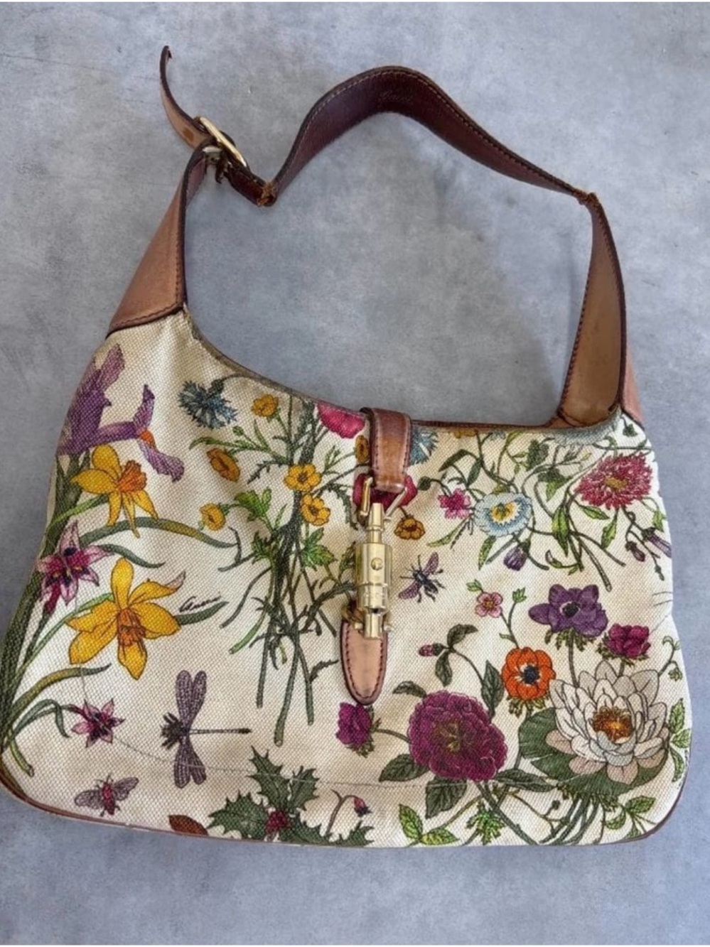 Gucci Floral Canvas Shoulder Bag in Cream, Yellow, Purple, Pink and Brown